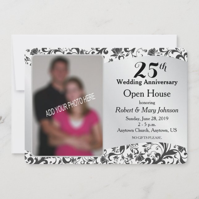 Invitation Black Swirl & Silver 25e anniversaire de Mariage (Devant)