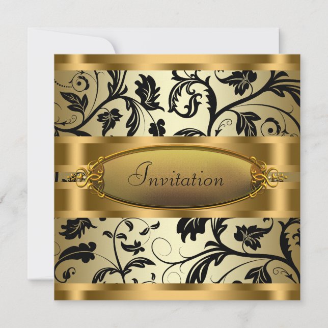 Invitation Black Swirl Vines Black Gold Party (Devant)