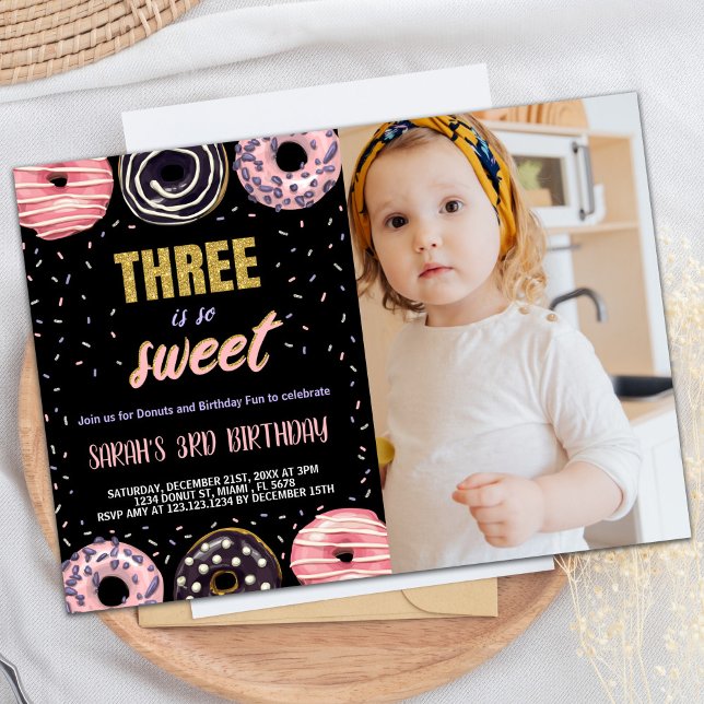 Invitation Black Three is Sweet Photo Donut Anniversaire (Black Three is Sweet Photo Donut Birthday Invitation)