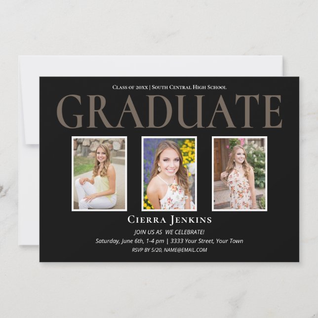 Invitation Black Three Photo Graduation Party (Devant)