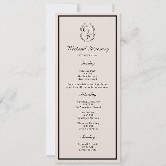Invitation Black Tie Wedding Weekend Timeline Card (Devant)