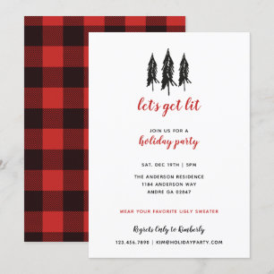 Invitation Black Tree Red Flannel Plaid Motif Fête de vacance