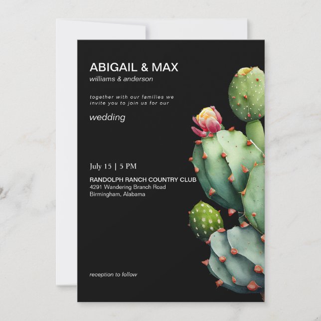 Invitation Black Tropical Cactus Mariage moderne (Devant)