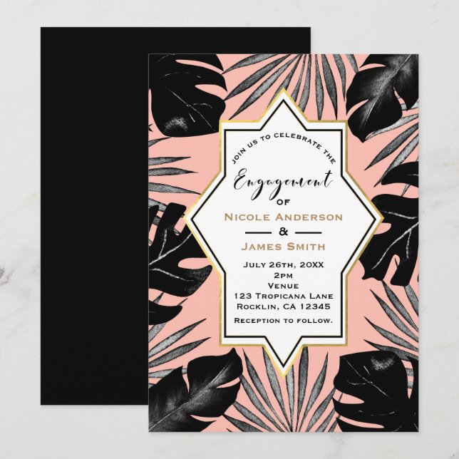 Invitation Black Tropical Feuille Coral Peach Gold Fiançaille (Devant / Derrière)