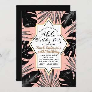 Invitation Black Tropical Feuilles & Coral Peach Gold Anniver