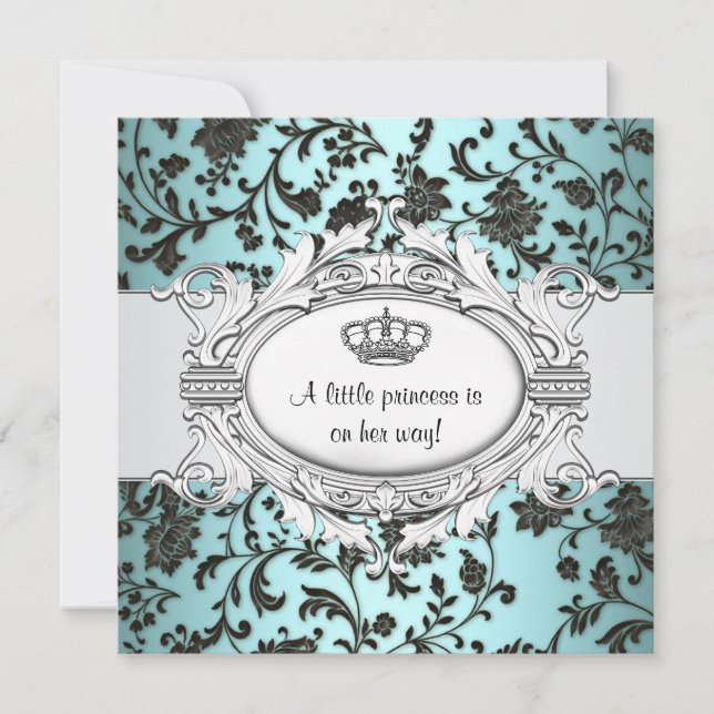 Invitation Black Turquoise Bleu Damas Princesse Bébé Fille Do (Devant)