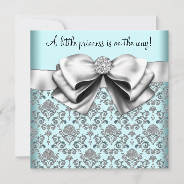 Invitation Black Turquoise Blue Damask Princess Baby shower (Devant)