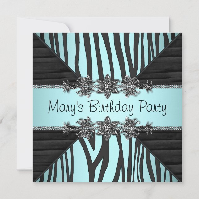 Invitation Black Turquoise Blue Zebra Fête d'anniversaire des (Devant)