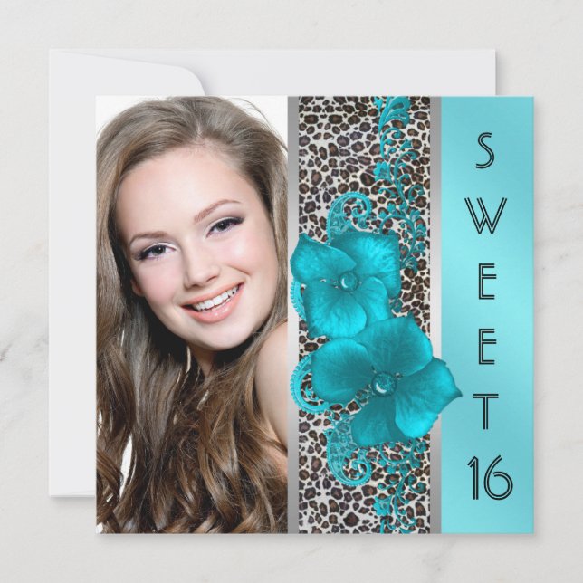 Invitation Black Turquoise Léopard photo Sweet 16 Anniversair (Devant)