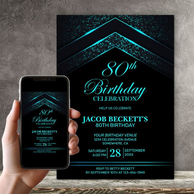 Invitation Black Turquoise moderne fête de 80e anniversaire (Créateur téléchargé)