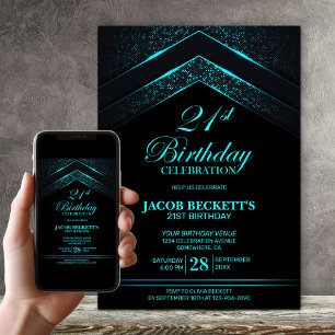 Invitation Black Turquoise moderne fête du 21e anniversaire