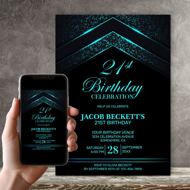 Invitation Black Turquoise moderne fête du 21e anniversaire (Créateur téléchargé)