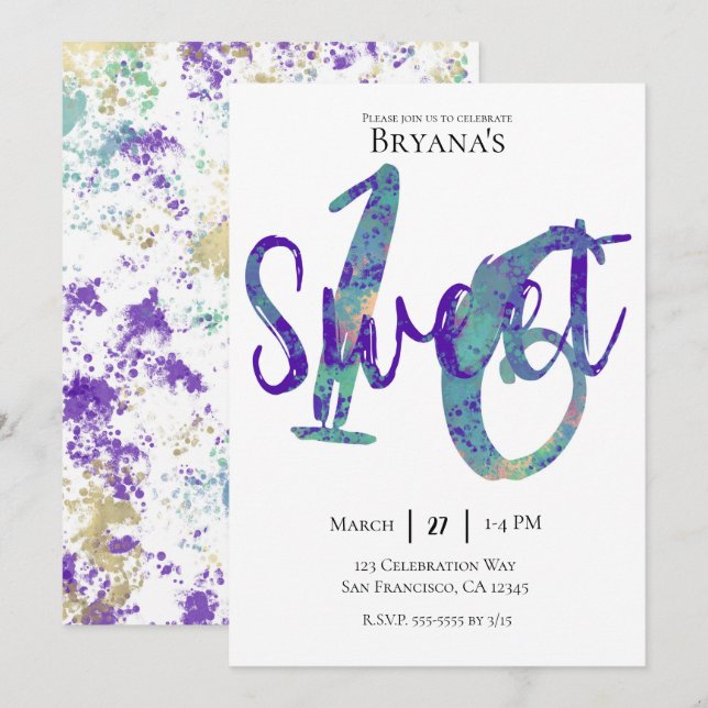 Invitation Black Turquoise Purple Gold Sweet 16 Anniversaire (Devant / Derrière)