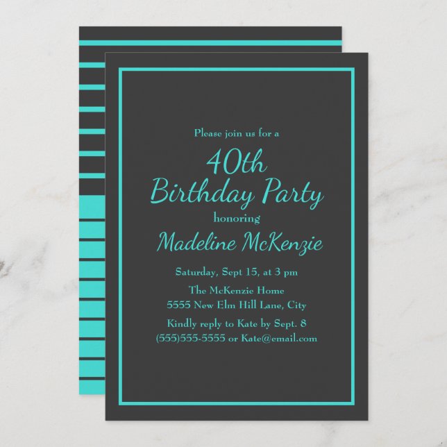 Invitation Black Turquoise Striped 40th Birthday Party (Devant / Derrière)