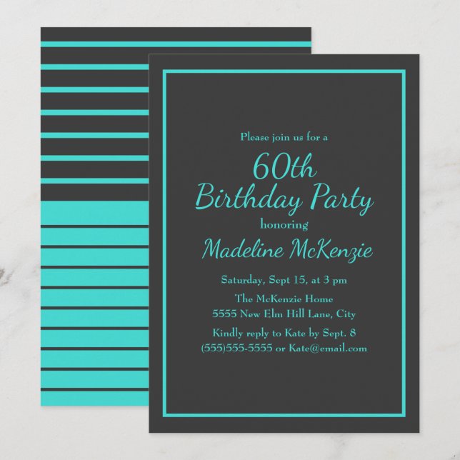 Invitation Black Turquoise Striped 60th Birthday Party (Devant / Derrière)