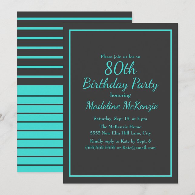 Invitation Black Turquoise Striped 80th Birthday Party (Devant / Derrière)