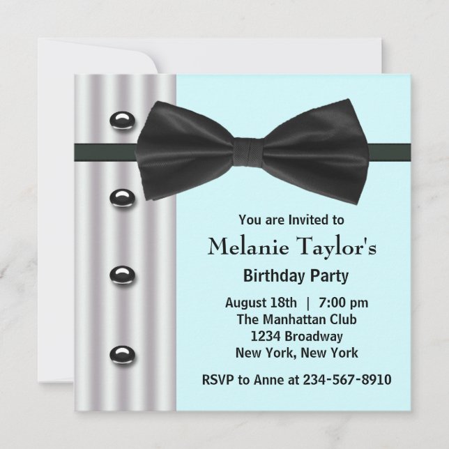 Invitation Black Tuxedo Bow Cravate Turquoise Blue Anniversai (Devant)