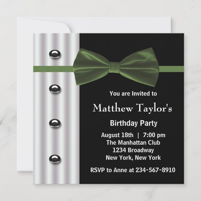 Invitation Black Tuxedo Green Bow Cravate Hommes fête d'anniv (Devant)