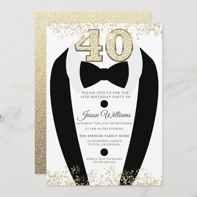 Invitation Black Tuxedo Suit Gold Mens 40e fête d'anniversair (Devant / Derrière)