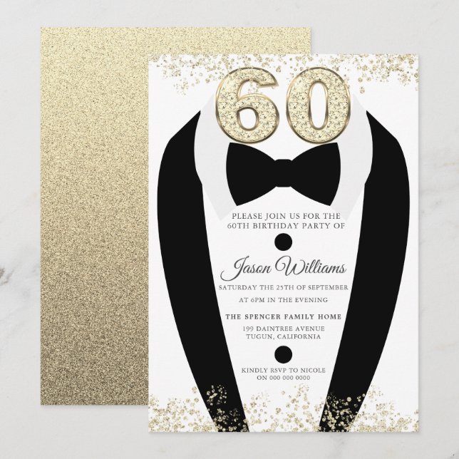 Invitation Black Tuxedo Suit Gold Mens 60e fête d'anniversair (Devant / Derrière)