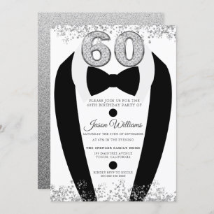 Invitation Black Tuxedo Suit Silver Mens 60e fête d'anniversa