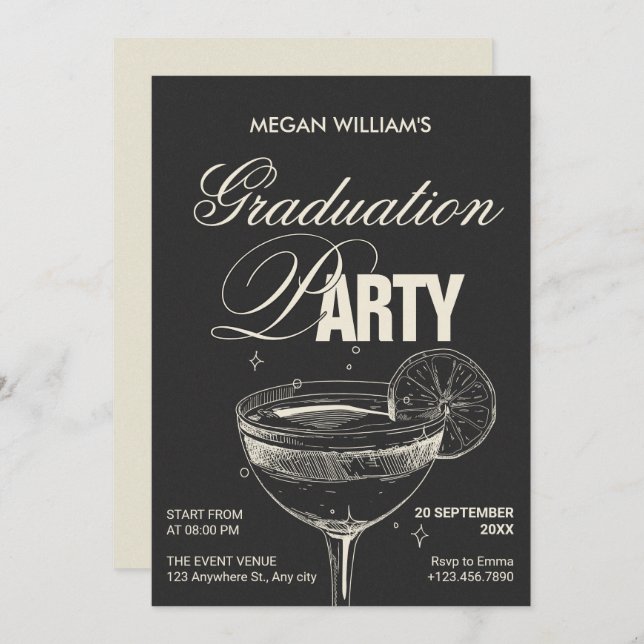 Invitation Black vintage cocktail fête de graduation (Devant / Derrière)