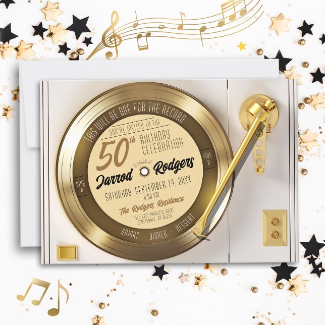 Invitation Black Vinyl Record en or massif 50e fête d'anniver (Retro vinyl black & gold record player disco solid gold 70's 50th birthday party invitation)