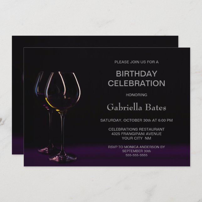Invitation Black violet Anniversaire Vin Glass Party (Devant / Derrière)
