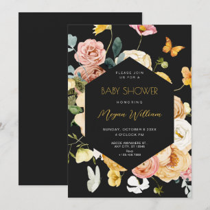 Invitation Black Watercolor baby shower floral élégant