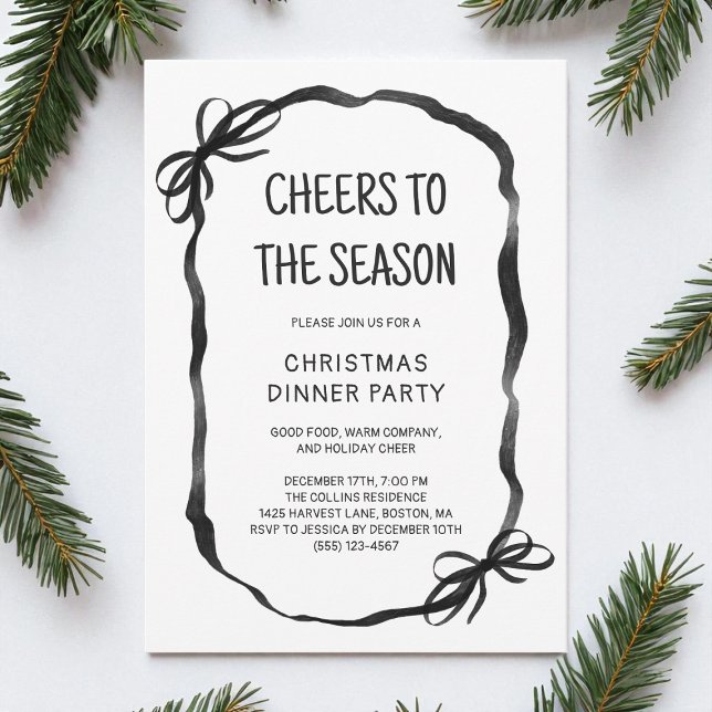 Invitation Black Whimsical Main dessinée Dîner de Noël (Black Whimsical Hand Drawn Christmas Dinner Party Invitation)