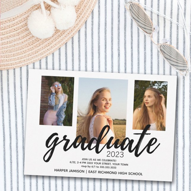 Invitation Black White 2023 Graduation Party Trois photo (Créateur téléchargé)