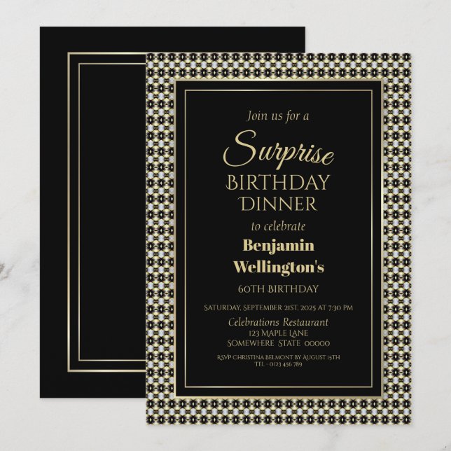 Invitation Black White and Gold Surprise 60e anniversaire Dîn (Devant / Derrière)