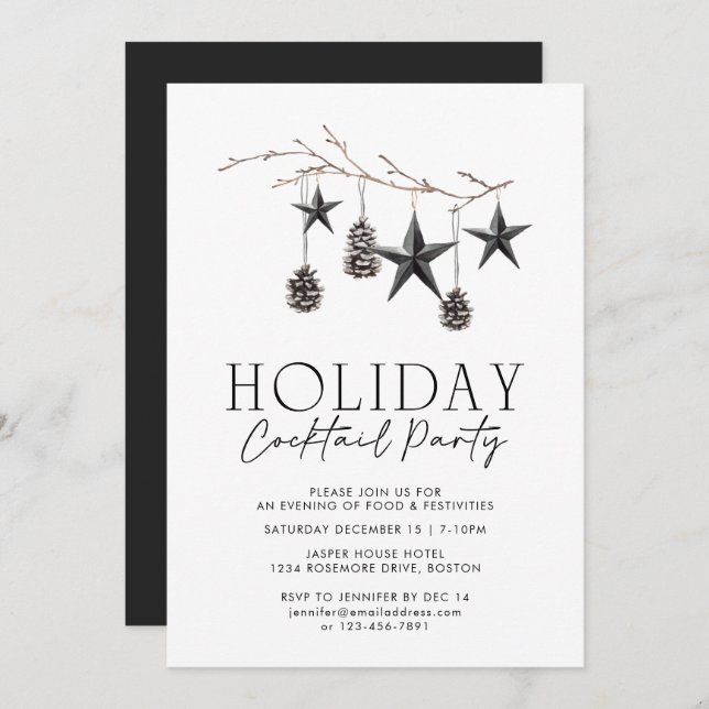 Invitation Black White Aquarelle Ornements Fête (Devant / Derrière)