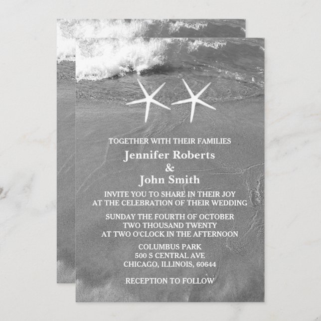Invitation Black White Beach Photo Starfish QR Code Mariage (Devant / Derrière)