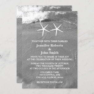 Invitation Black White Beach Photo Starfish QR Code Mariage