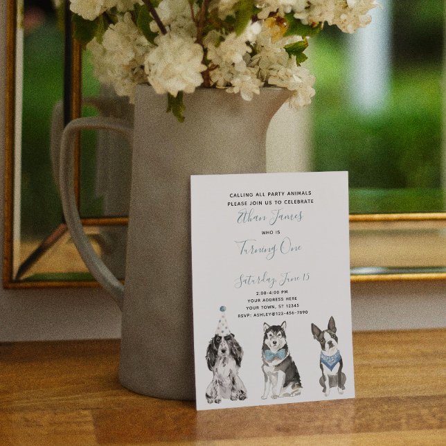 Invitation Black White Blue Chien Boy 1ère fête d'anniversair (Créateur téléchargé)