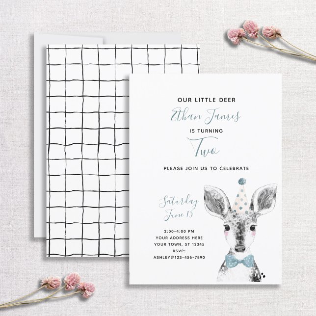Invitation Black & White Blue Deer Boy 2e anniversaire (Créateur téléchargé)