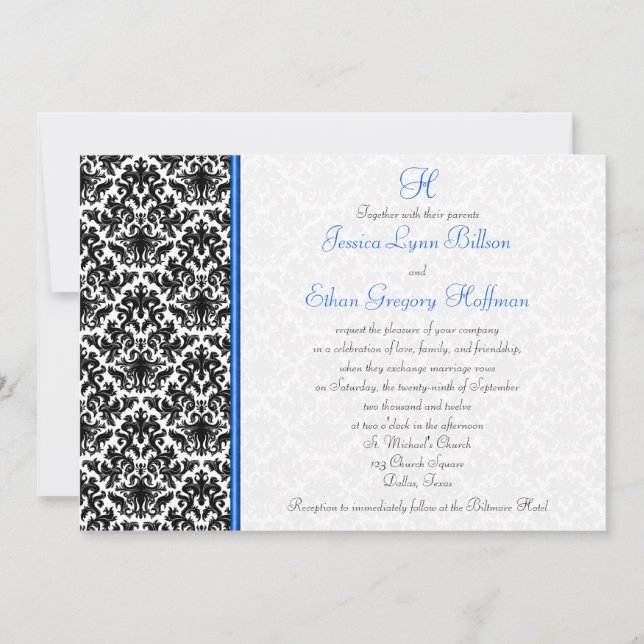 Invitation Black, White, Blue Mariage damassé (Devant)