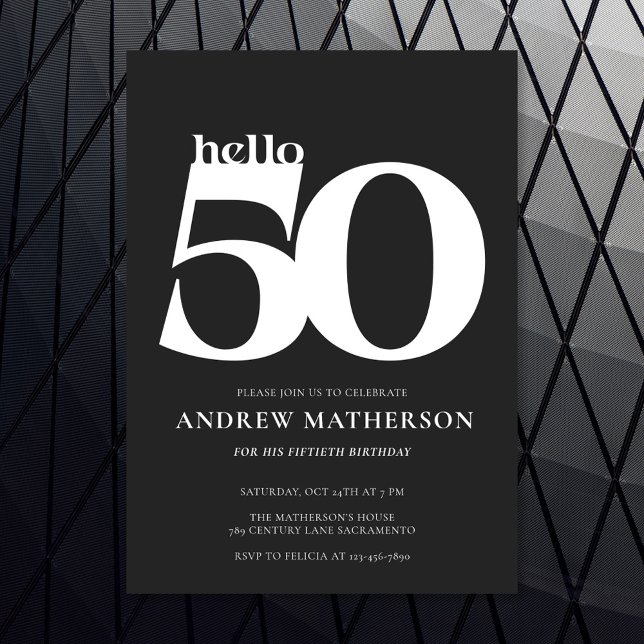 Invitation Black White Bold moderne Hello 50 Anniversaire (Créateur téléchargé)