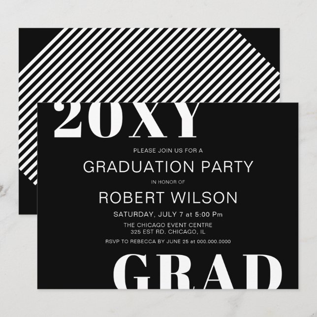 Invitation Black White Bold Typographie Partie de graduation (Devant / Derrière)