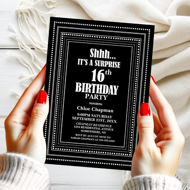Invitation Black White Border Surprise 16e fête d'anniversair (Créateur téléchargé)