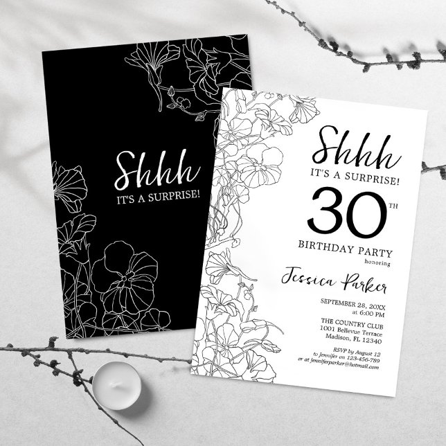 Invitation Black White Botanical Surprise 30e anniversaire (Créateur téléchargé)