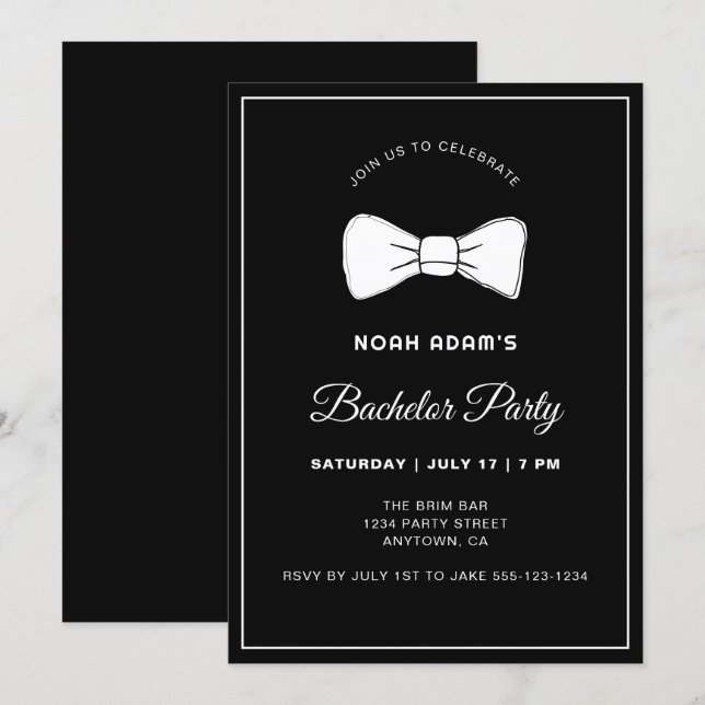 Invitation Black & White Bow Cravate moderne Bachelor Party I (Devant / Derrière)