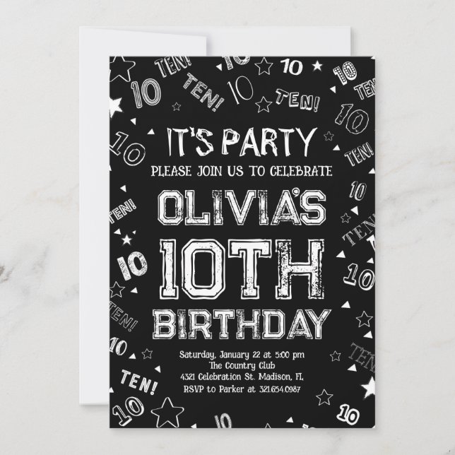 Invitation Black White Boy Numéro Dix Anniversaire (Devant)
