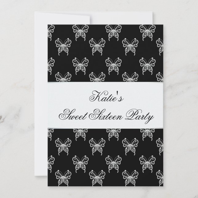 Invitation Black White Butterfly Classy Sweet sixteen Party (Devant)