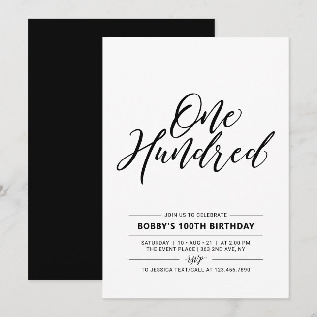 Invitation Black & White Cent minimum 100e fête d'anniversair (Devant / Derrière)