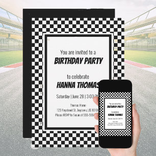 Invitation Black White Check Motif Racing thème Anniversaire