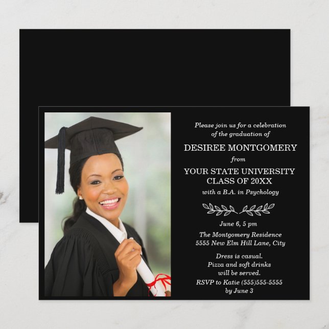 Invitation Black White College University Photo Graduation (Devant / Derrière)