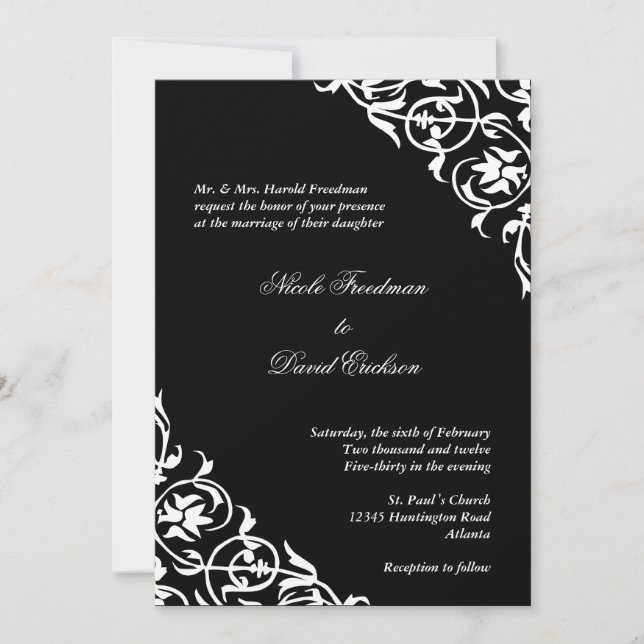 Invitation Black white corner script de défilement élégant ma (Devant)