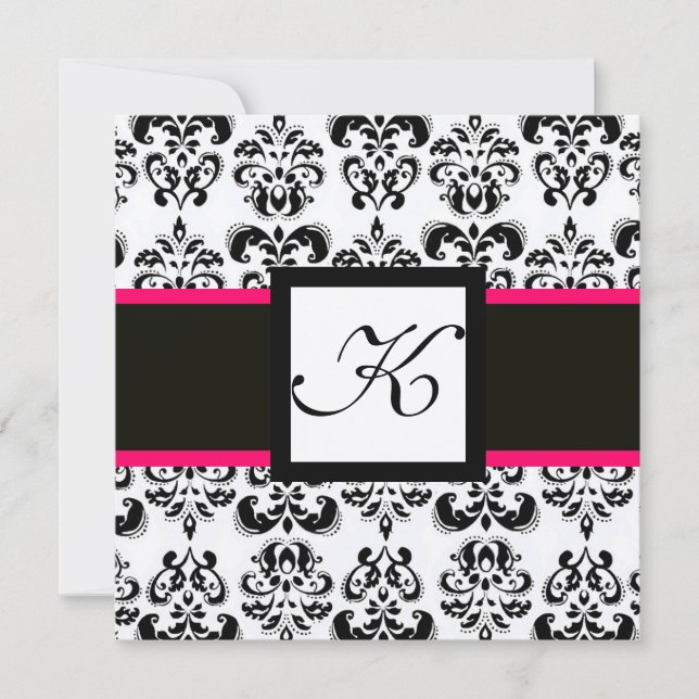 Invitation BLACK WHITE DAMASK MONOGRAM Champagne Metallic (Devant)